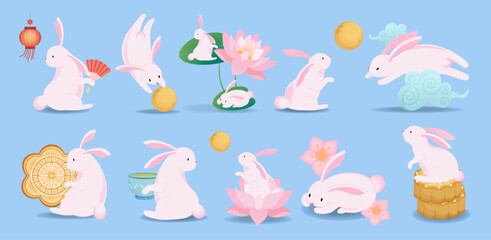 Charming Mid-Autumn Festival Vector Illustrations with Cute Rabbits, Mooncakes, and Lanterns on a Blue Background