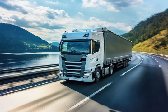 Front view of a transport truck in motion on a scenic highway, with motion blur adding a dynamic effect, emphasizing speed and efficiency in logistics