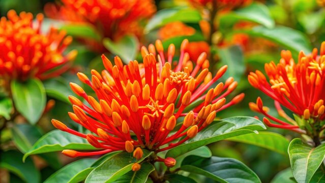 Vibrant firebush flower blooming in a garden, Hamelia Patens, Hummingbird Bush, red flowers
