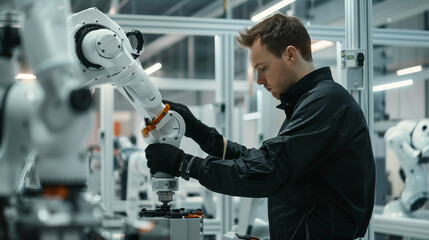 Engineer calibrating robotic arm in advanced manufacturing facility