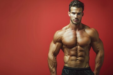 Fototapeta premium Cropped view of a fit man with a muscular build, presenting against a solid color background, blending intelligence and physical fitness for a dynamic look