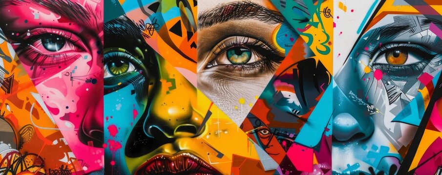Graffiti art collage with street art, bold colors, and urban themes, 4K hyperrealistic photo