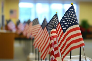 A polling station with American flags displayed prominently, creating a patriotic atmosphere on Election Day