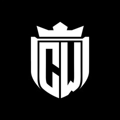 CW Letter logo shield shape inside shield badge crown on black background template design