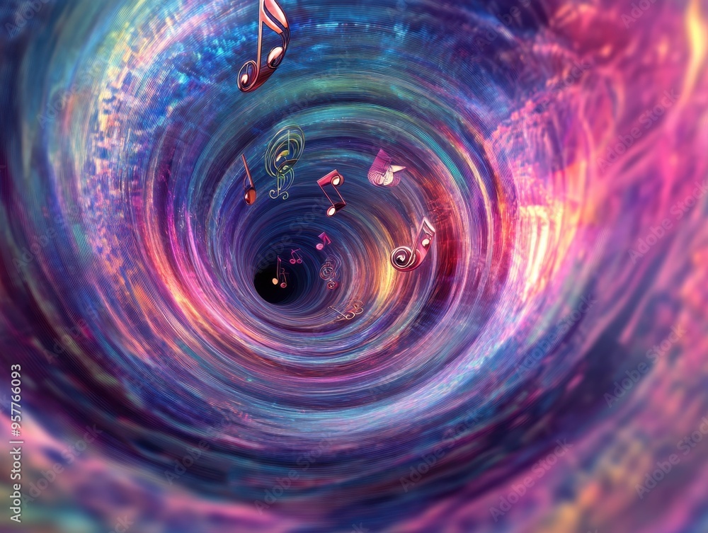 Poster a vibrant cosmic tunnel filled with musical notes, creating a mesmerizing journey through sound and 