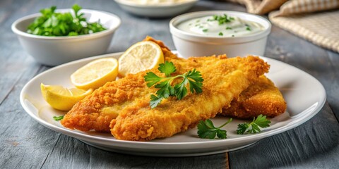 Golden fried fish fillet served with tartar sauce, lemon wedges, and parsley , crispy, delicious, seafood, meal