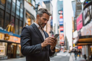 Man in suit completing online purchase on smartphone, professional working on the go, city setting
