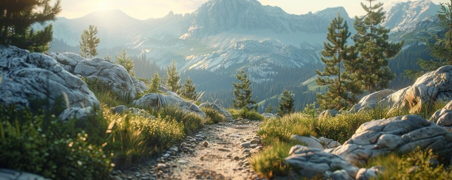 Rocky mountain path with panoramic views, 4K hyperrealistic photo,