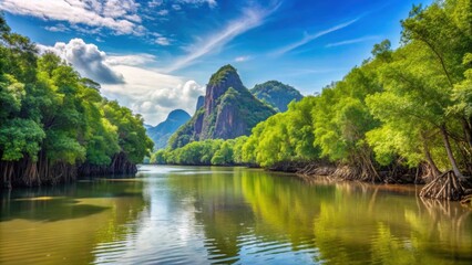 Fototapeta premium Mangrove forest and river view of Phang Nga Bay, ideal for nature lovers and travel enthusiasts