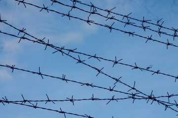 Barbed wire. Barbed wire on fence with blue sky	
