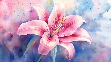 watercolor background with pink lily