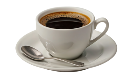 black coffee in white cup isolated on transparent background