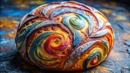 Fototapeta premium Artisan sourdough bread with colorful swirls and unique designs, colorful, artisan, sourdough, bread, unique, artistic