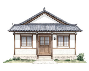 Traditional Korean House Illustration with Architectural Details