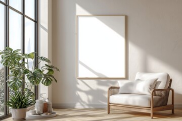 Poster Frame in Beige minimalist living room interior created with generative AI