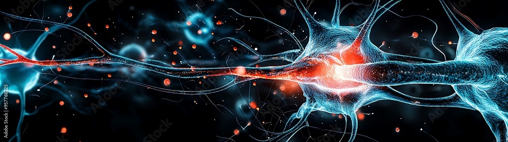 Poster detailed microscopic view of neuron cells with highlighted synapses - realistic 8k neuroscience stud