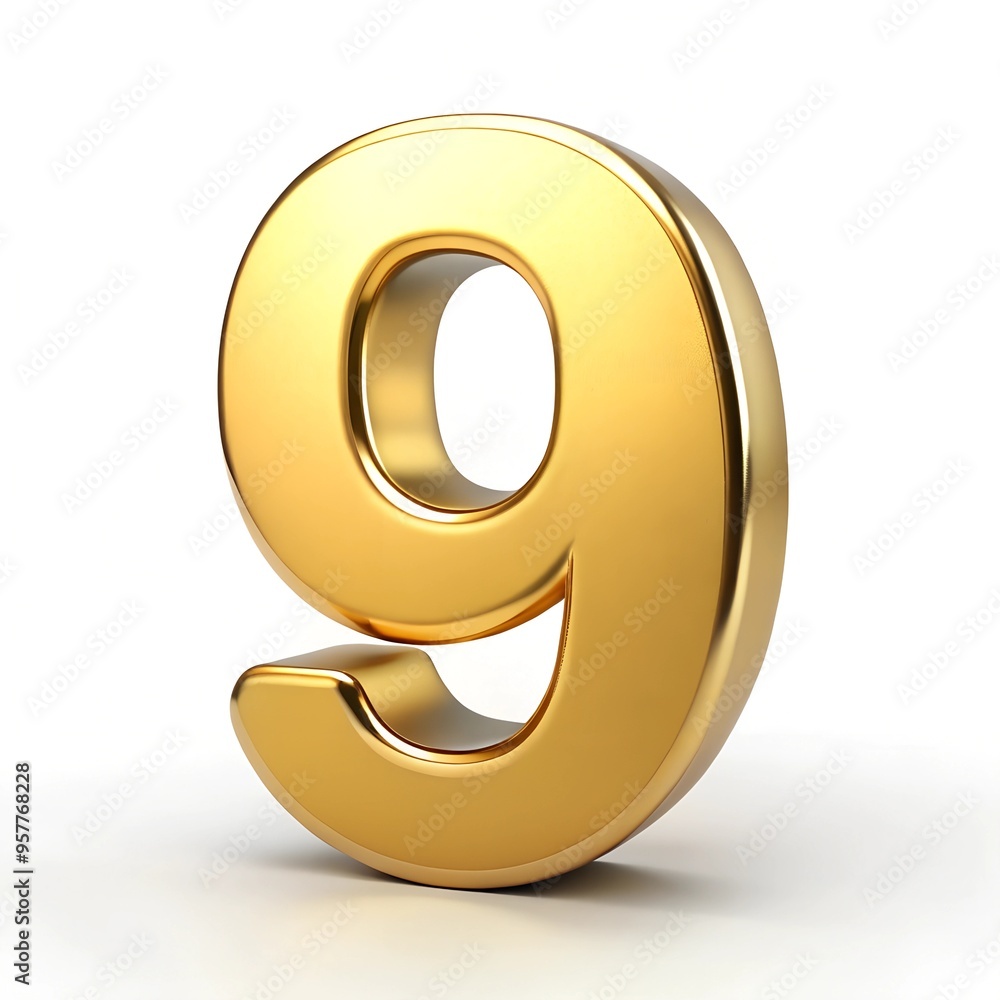 Fototapete the number 9 with a shiny gold effect on a white background