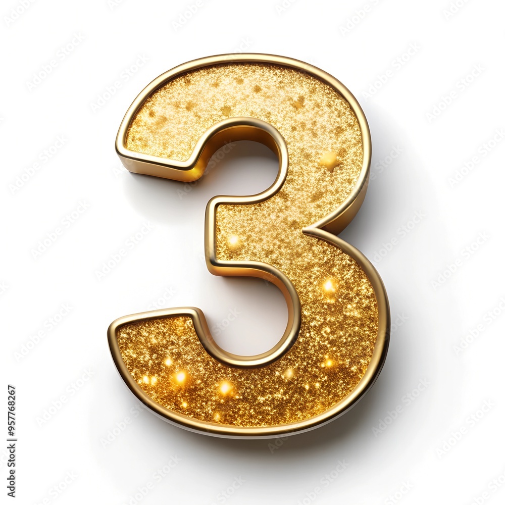 Fototapete the number 3 with a shiny gold effect on a white background