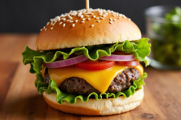 Mouthwatering Cheeseburger with Lettuce, Tomato, Onions on Sesame Seed Bun | Burger Image | Burger Closeup Shot