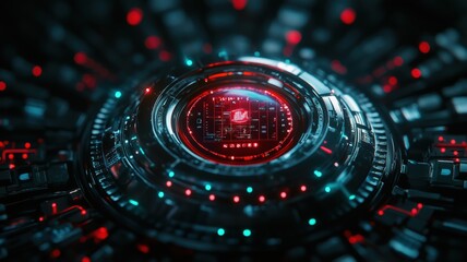 A close-up of a futuristic digital core, bathed in red and green lights, representing advanced technology, data processing, and cyber themes.
