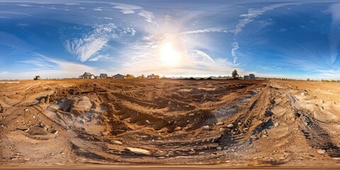 Obraz premium 360 degree panoramic view of a plot of land being prepped for new home construction seamless VR content