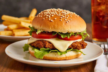 Mouthwatering Cheeseburger with Lettuce, Tomato, Onions on Sesame Seed Bun | Burger Image | Burger Closeup Shot
