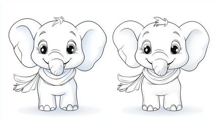 Fototapeta premium Playful Cartoon Elephant with Cozy Scarf on Coloring Page Surrounded by Vibrant Colored Pencils for Creative Fun and Relaxation.