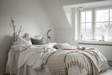 Minimalist bedroom in white with cozy blankets and soft decor