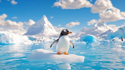 Fototapeta premium A charming penguin stands on an ice floe in a serene, blue landscape with majestic mountains in the background.