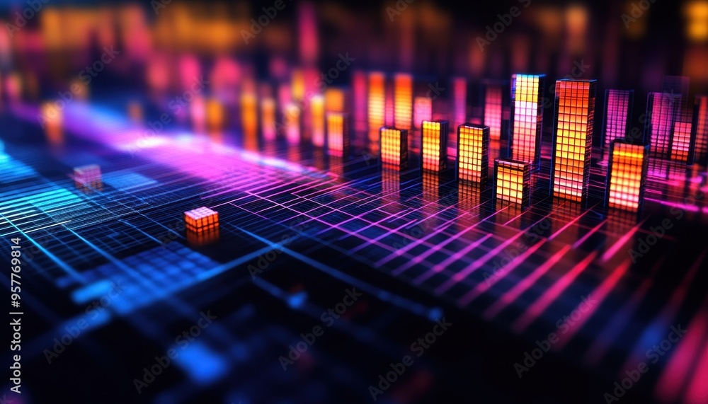 Poster vibrant abstract data visualization featuring colorful bars in a digital landscape. ideal for techno