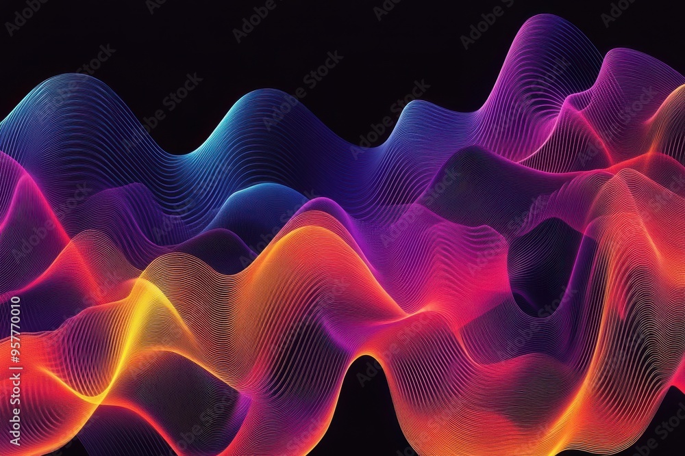 Poster vibrant abstract wave patterns in purple, orange, and blue, creating a dynamic visual effect on a bl