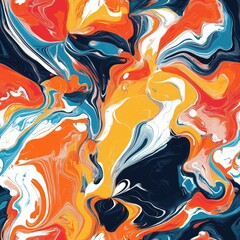 Abstract pattern with swirling marble textures in bold, contrasting colors, orange, blue, and white. Vibrant and dynamic design creates energetic vibe, perfect for modern decor and statement pieces.