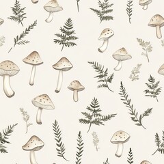 Delicate seamless pattern featuring hand-drawn mushrooms and ferns in soft earth tones. This nature-inspired design with intricate details is perfect for rustic and elegant decor.