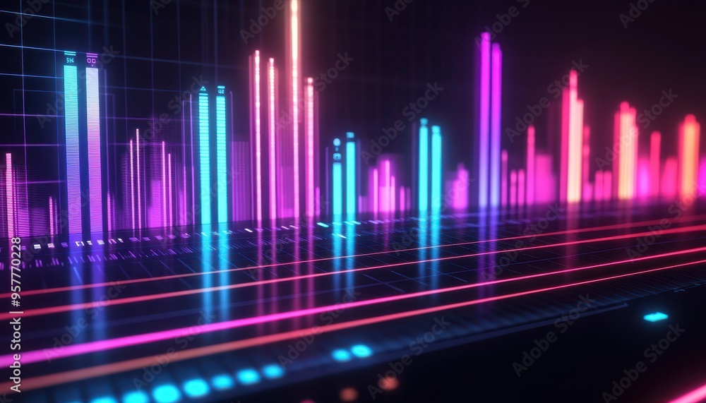 Poster vibrant audio waveform graphic displaying colorful bars and lines, perfect for music and technology 