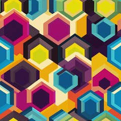 Geometric pattern with interlocking hexagons in bright, contrasting colors. This bold, seamless design features a vibrant 3D effect, perfect for modern decor, fashion, and stylish statement pieces.