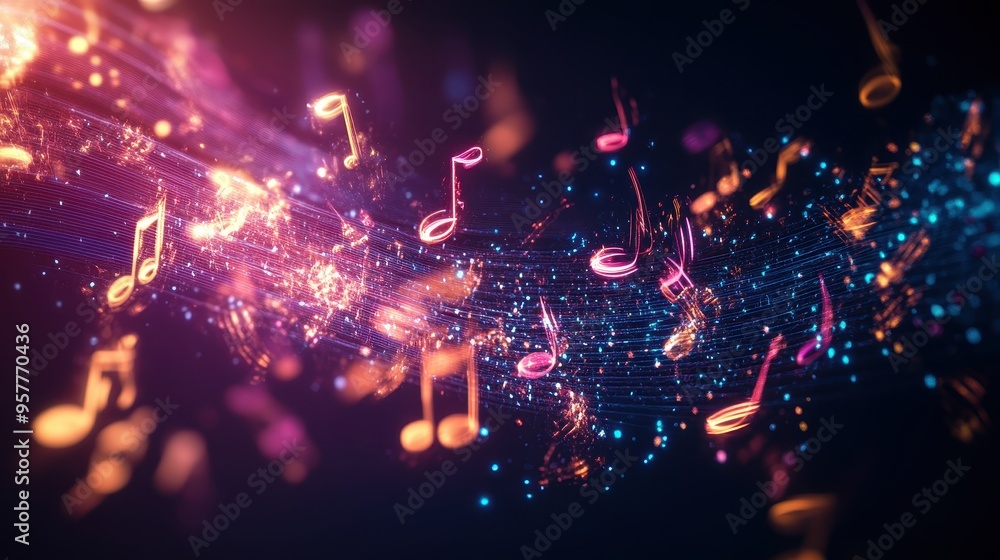 Poster vibrant digital music notes flow through light and color, creating a harmonious visual symphony of s