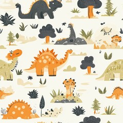 Obraz premium Cute seamless patterns and forest elements in earthy tones for kids with friendly cartoon dinosaurs in prehistoric landscapes. Ideal for children's textile decor, wallpaper, and themed design projects
