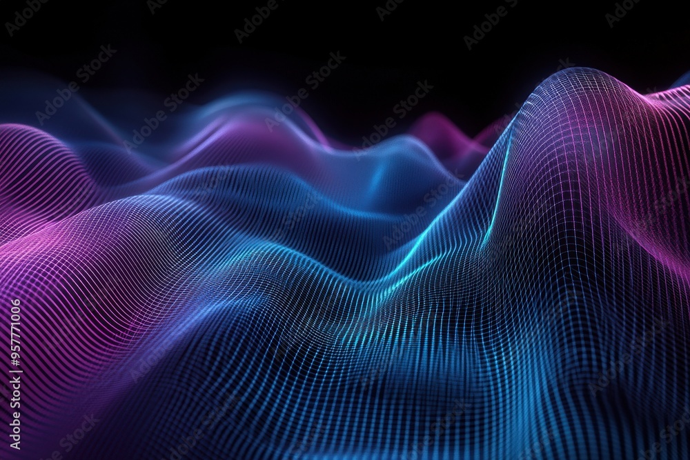 Poster vibrant wave patterns in blue and pink glow against a dark background, creating a mesmerizing visual