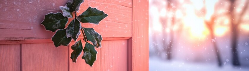 Fototapeta premium A serene winter scene featuring a decorative holly leaf on a pink door, with a soft, blurred background of snow and sunlight.