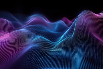 Vibrant wave patterns in blue and pink glow against a dark background, creating a mesmerizing visual of light and energy.