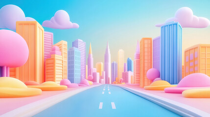 Illustration of a felt-textured empty city highway with skyscrapers on both sides, background for e-commerce promotion