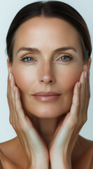 Middle-aged woman examining facial skin for fine lines, clear complexion, wrinkle-free appearance.