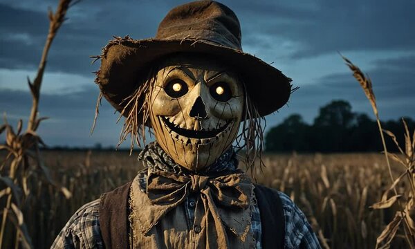 scarecrow in a field walking to viewer