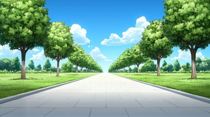 Serene Anime Inspired Country Lane Flanked by Lush Green Trees