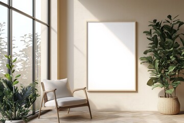 Poster Frame in Beige minimalist living room interior created with generative AI