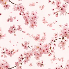 Seamless pattern of delicate cherry blossoms in soft pink hues isolated on a white background captures serene beauty of spring with a tranquil and romantic design.