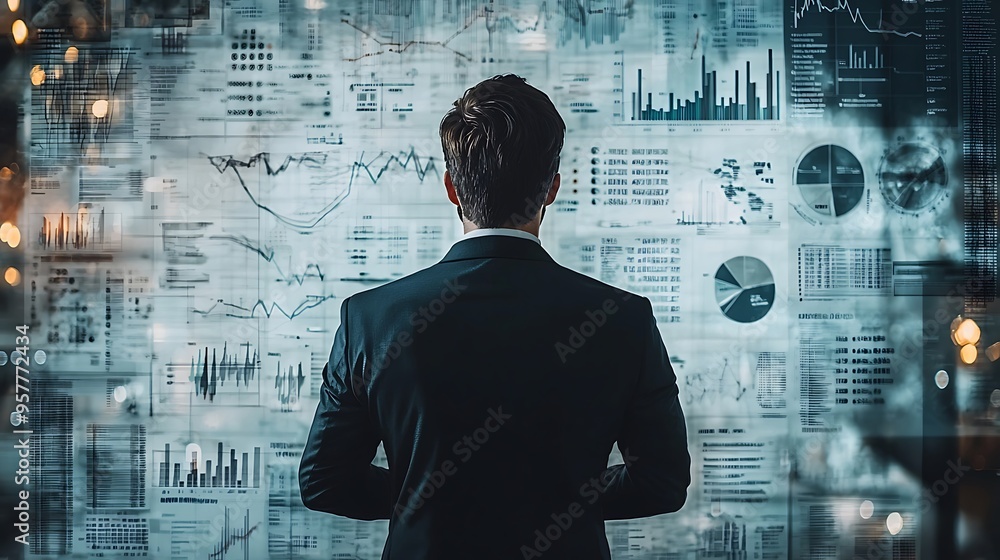 Poster a businessman studies data charts and graphs projected on a wall.