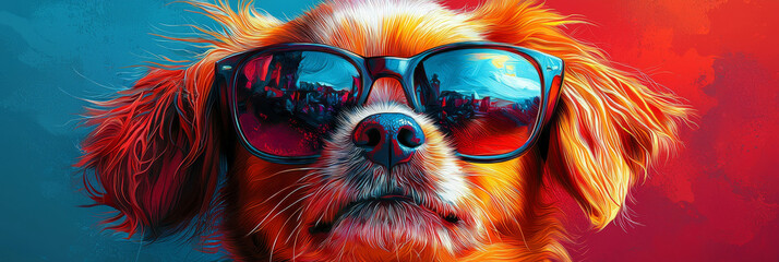 Cool canine in sunglasses,  a vibrant, colorful portrait with a cool, relaxed vibe.