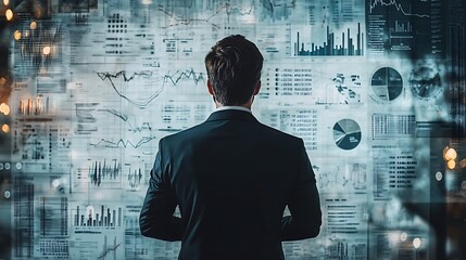 A businessman studies data charts and graphs projected on a wall.