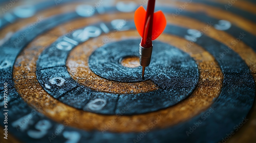 Poster a red dart strikes the bullseye on a wooden dartboard, captured in a close-up view.